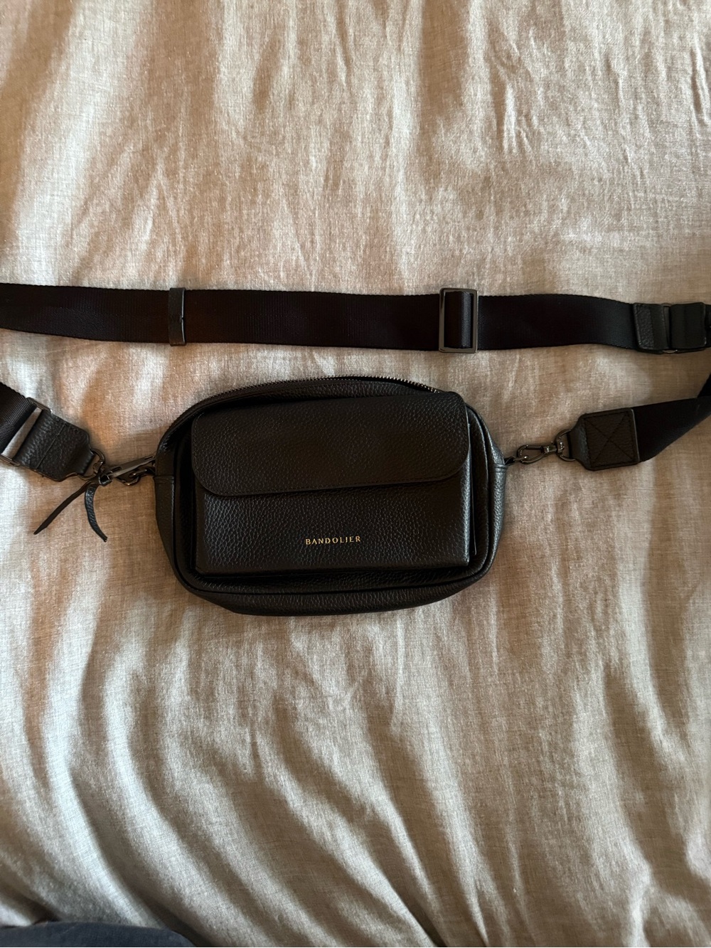 Bandolier Black Pebbled Leather Belt Bag with Front Pocket